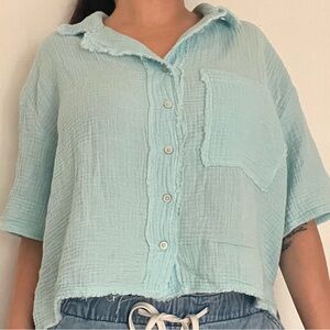 Aerie Gauze Short Sleeve Button Up Shirt Blue Size S